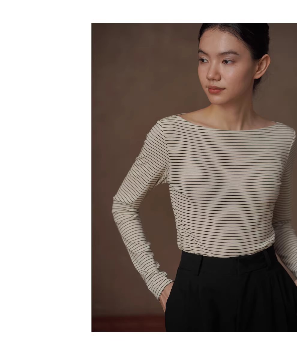 法式經典細條紋上衣氣質一字領正肩顯瘦長袖休閒百搭T恤,上衣,法式經典細條紋上衣氣質一字領正肩顯瘦長袖休閒百搭T恤,HBFS1065,法式經典細條紋上衣氣質一字領正肩顯瘦長袖休閒百搭T恤,彈性透氣