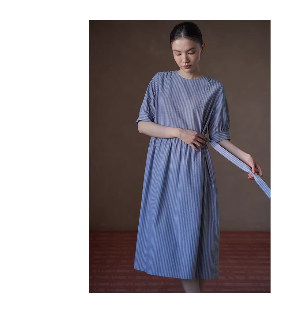 海上環遊記洋裝清新顯瘦豎條紋圓領短袖遮肉長裙,海上環遊記洋裝清新顯瘦豎條紋圓領短袖遮肉長裙,HBFS7023,海上環遊記洋裝清新顯瘦豎條紋圓領短袖遮肉長裙,純棉親膚,簡約慵懶