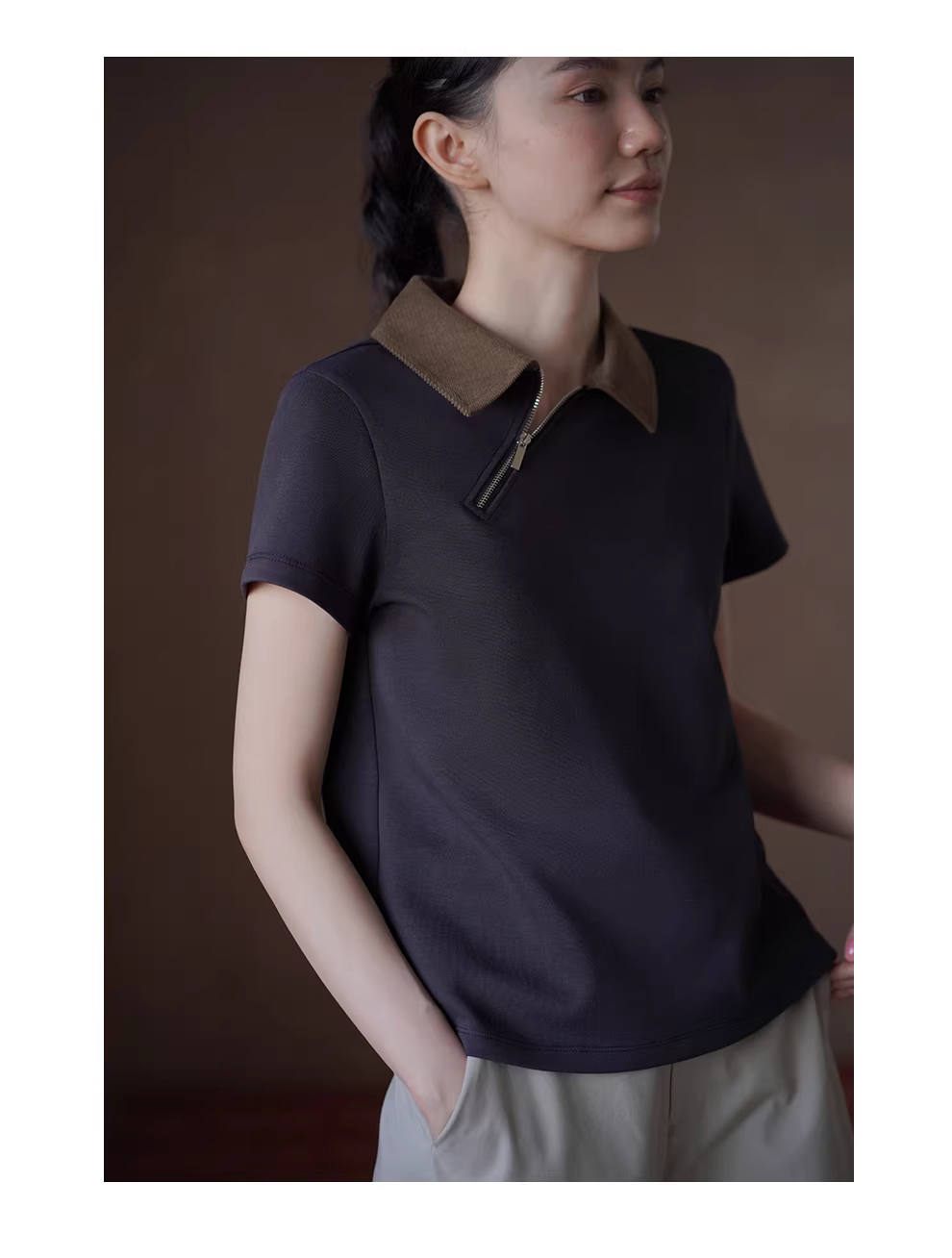 打破常規小眾設計感上衣撞色Polo領拉鍊斜門襟短袖T恤女,打破常規小眾設計感上衣撞色Polo領拉鍊斜門襟短袖T恤女,HBFS1071,打破常規小眾設計感上衣撞色Polo領拉鍊斜門襟短袖T恤女,撞色翻領,斜襟設計