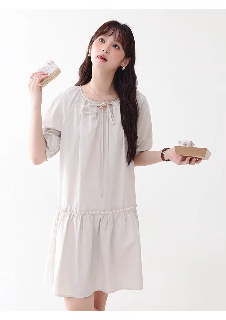法式泡泡袖繫帶領洋裝女夏新款純棉木耳邊短裙,法式泡泡袖繫帶領洋裝女夏新款純棉木耳邊短裙,HBFS7032,法式泡泡袖繫帶領洋裝女夏新款純棉木耳邊短裙,領口繫繩,全棉面料