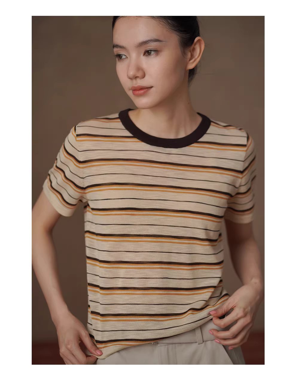沙灘條紋超爽竹節麻紗線撞色圓領短袖寬鬆顯瘦針織上衣,沙灘條紋超爽竹節麻紗線撞色圓領短袖寬鬆顯瘦針織上衣,HBFS1095,沙灘條紋超爽竹節麻紗線撞色圓領短袖寬鬆顯瘦針織上衣,舒適清爽,撞色領口