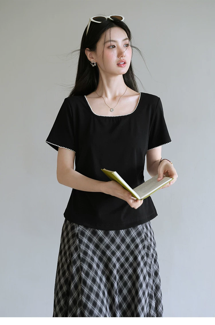 胖mm大尺碼女裝方領正肩短袖T恤女2026新款夏季法式黑色上衣,胖mm大尺碼女裝方領正肩短袖T恤女2026新款夏季法式黑色上衣,HBFS1167,胖mm大尺碼女裝方領正肩短袖T恤女2026新款夏季法式黑色上衣,方領設計,撞色拼接