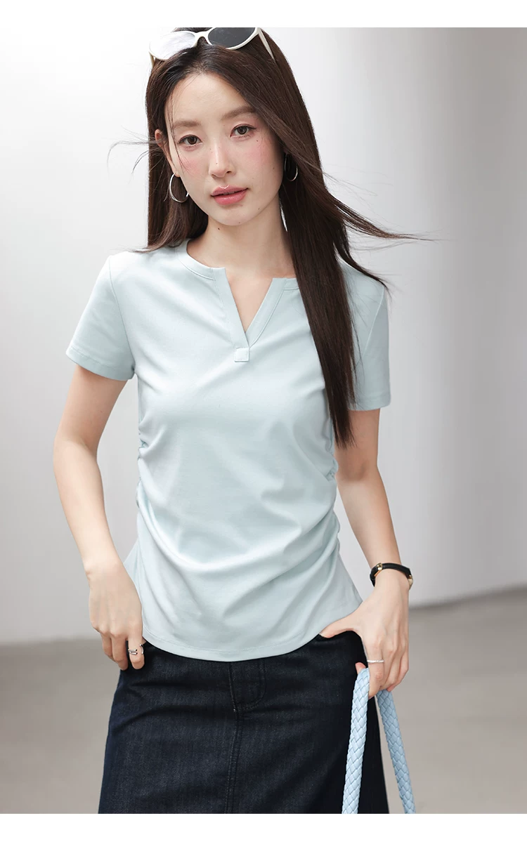 大尺碼胖mm巨好看正肩短袖T恤女2026新款夏裝抽褶淺藍色上衣,大尺碼胖mm巨好看正肩短袖T恤女2026新款夏裝抽褶淺藍色上衣,HBFS1182,大尺碼胖mm巨好看正肩短袖T恤女2026新款夏裝抽褶淺藍色上衣,半開V領,腰間抓褶