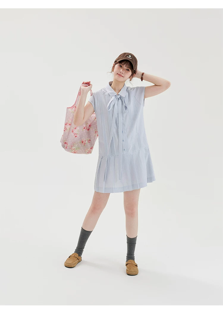 藍色萊賽爾百褶洋裝女夏季新款少女感短袖短裙,藍色萊賽爾百褶洋裝女夏季新款少女感短袖短裙,HBFS7144,藍色萊賽爾百褶洋裝女夏季新款少女感短袖短裙,綁帶衣領,天絲混棉