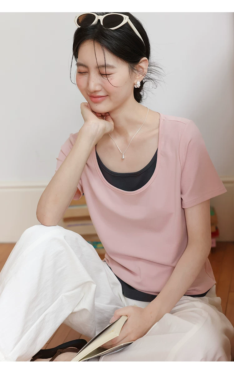 大尺碼粉紅短袖T恤女2026全新夏裝微胖巨好看假兩件u領上衣女,大尺碼粉紅短袖T恤女2026全新夏裝微胖巨好看假兩件u領上衣女,HBFS1295,大尺碼粉紅短袖T恤女2026全新夏裝微胖巨好看假兩件u領上衣女,中大尺碼,天絲混棉