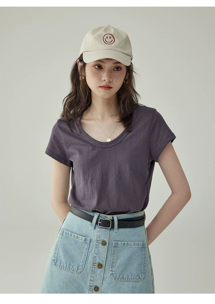正肩短袖經典款U領T恤夏季寬鬆顯瘦百搭設計感上衣女,正肩短袖經典款U領T恤夏季寬鬆顯瘦百搭設計感上衣女,HBFS1361,正肩短袖經典款U領T恤夏季寬鬆顯瘦百搭設計感上衣女,包色推薦,舒適面料