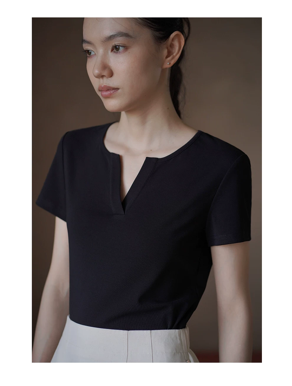 彈性緊緻高支棉簡約圓V領正肩基礎款顯瘦短袖通勤T恤女,彈性緊緻高支棉簡約圓V領正肩基礎款顯瘦短袖通勤T恤女,HBFS1372,彈性緊緻高支棉簡約圓V領正肩基礎款顯瘦短袖通勤T恤女,彈性合身,開岔V領