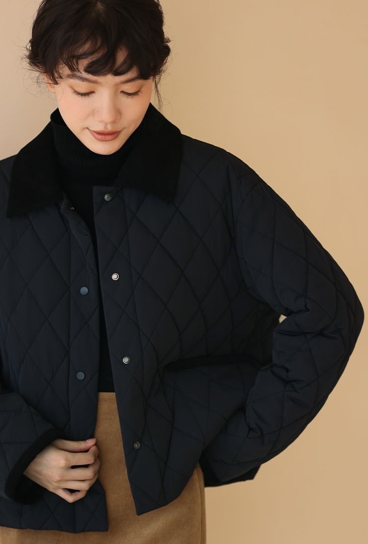 燈芯絨拼接菱形絎棉顯瘦短款保暖顯瘦復古棉外套