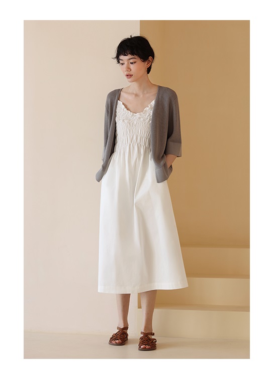 少女心事減齡重工打攬設計內搭吊帶百搭連身裙洋裝,長洋裝,輕奢,百搭,白色,法式甜美