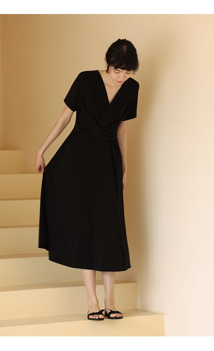 巴黎神女纏繞式彈力收腰好比例顯瘦V領連身裙洋裝,性感,時尚,清新,浪漫,洋裝