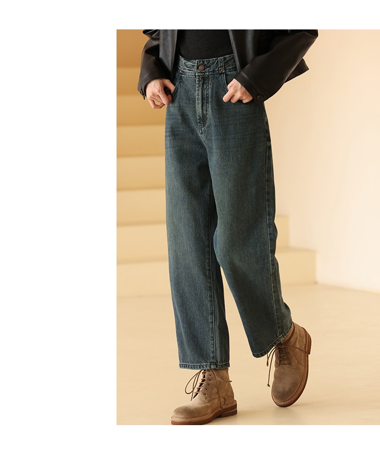 神仙褲型復古高腰水洗寬鬆直筒顯瘦牛仔長褲