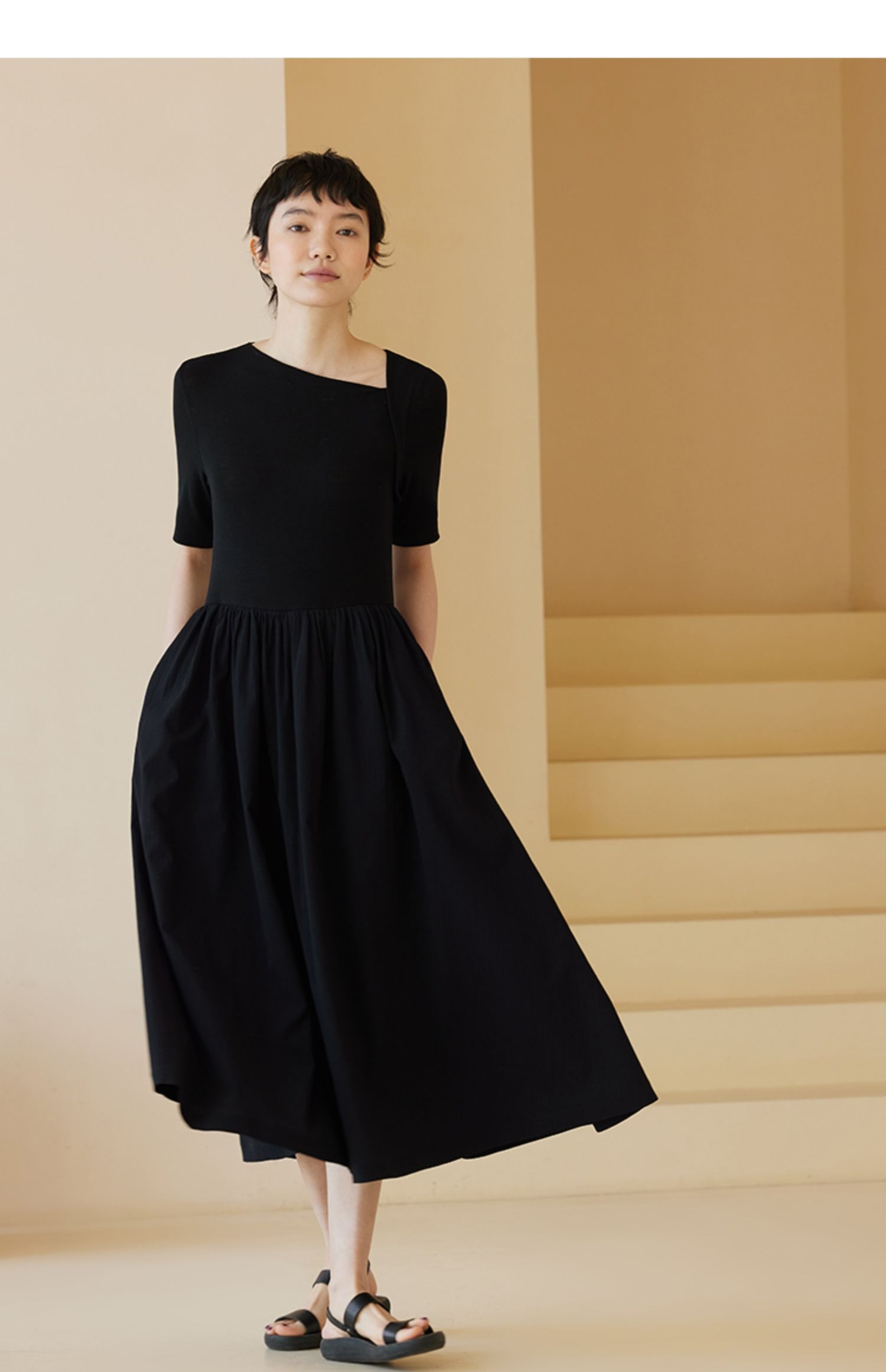 法式美學天絲羊毛拼接設計感斜V領氣質通勤顯瘦連身裙洋裝