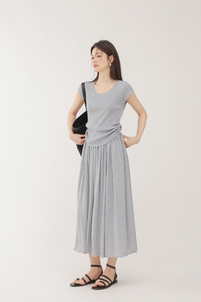 側抽繩設計感繫帶灰色短袖T卹女款針織上衣半身裙套裝