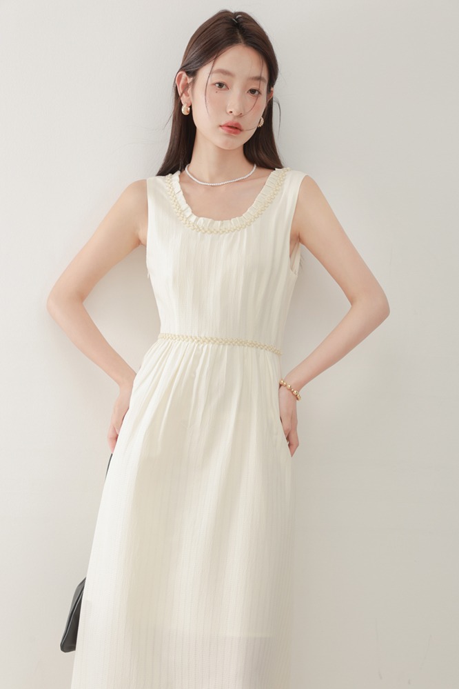 法式燙金花邊設計感U領連身裙女新品白色背心裙洋裝