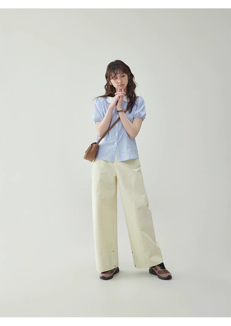 甜美藍格帶扣娃娃領純棉襯衫女夏季泡泡短袖上衣