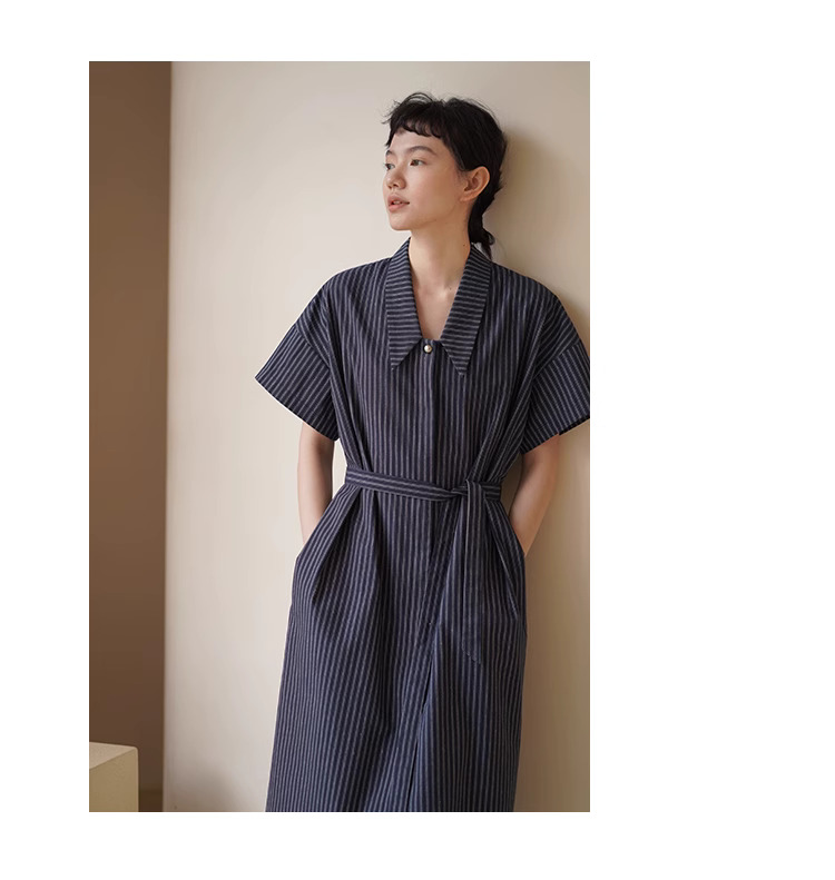 復古港風條紋寬鬆H版顯瘦氣質通勤腰帶短袖襯衫洋裝女