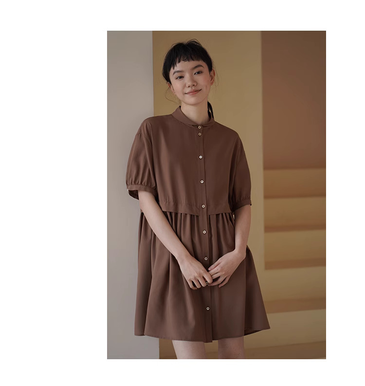 復古烤肉桂洋裝精緻小翻領寬鬆垂順顯瘦A字短裙女