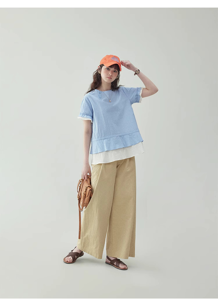 撞色拼接假兩件純棉襯衫女夏季新款寬鬆抽繩上衣