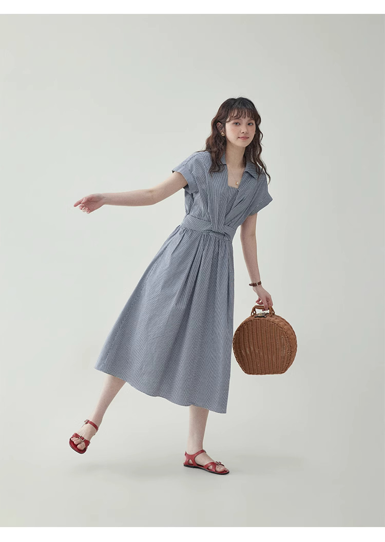 黑白格紋扭結短袖連身裙女夏季新款收腰a字中裙