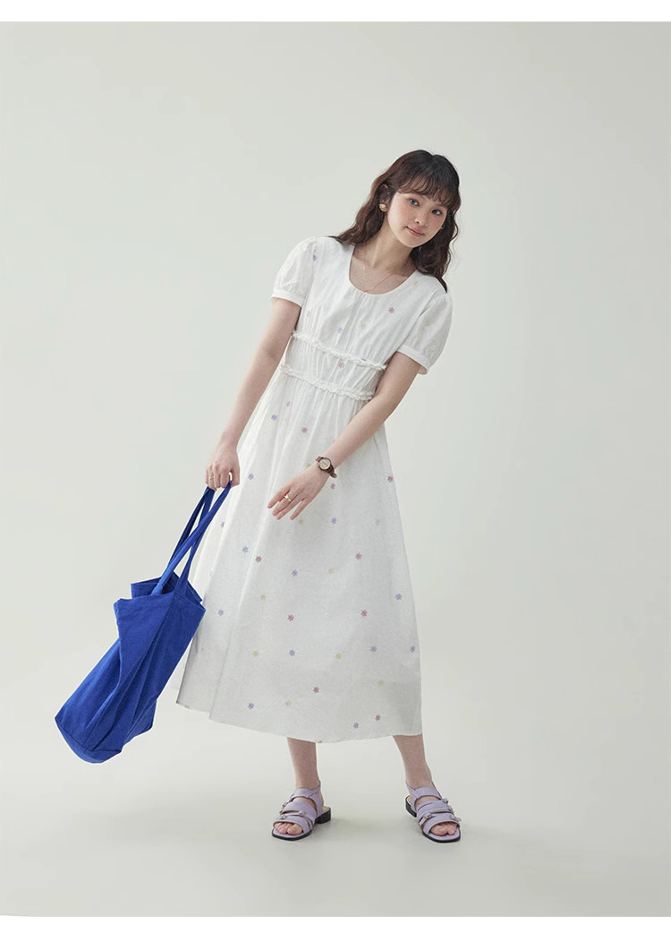 白色花邊純棉碎花洋裝女夏季新款收腰a字中裙