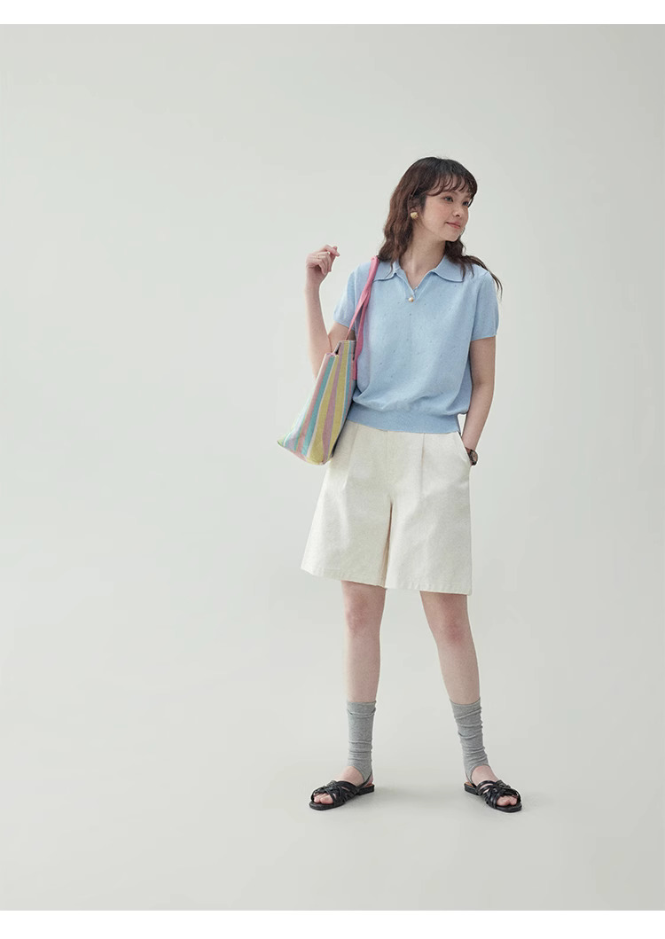 藍色翻v領短針織衫t卹女夏季新款提花短袖上衣