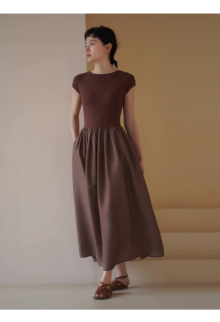 顯白特調赭紅彈性針織拼接大裙擺合身顯瘦梨形洋裝女