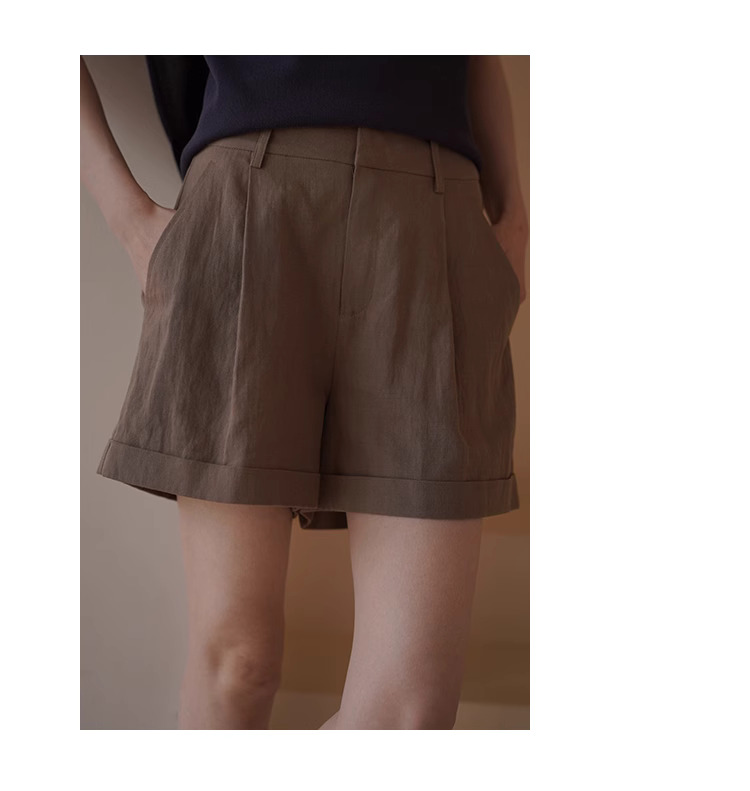 簡約氣質老錢亞麻棉折邊度假風清爽薄款高腰顯瘦短褲女