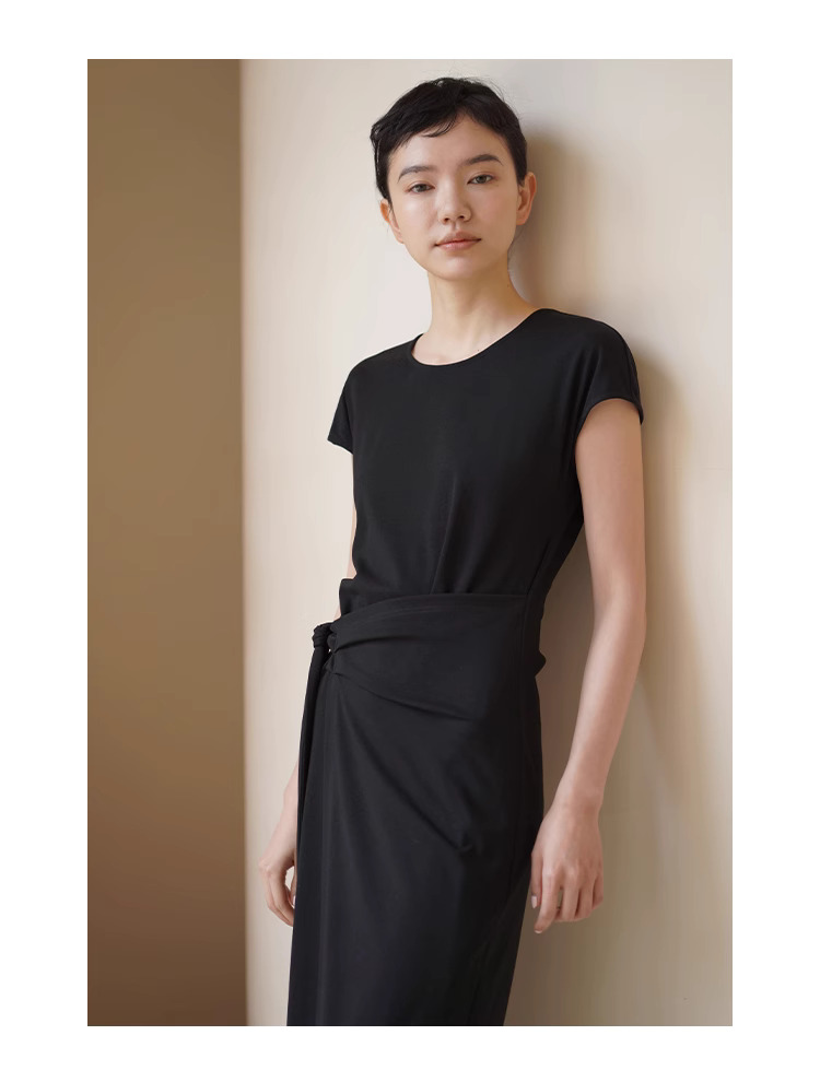 設計師通勤中彈性針織顯瘦圍裹式收腰綁帶圓領洋裝女