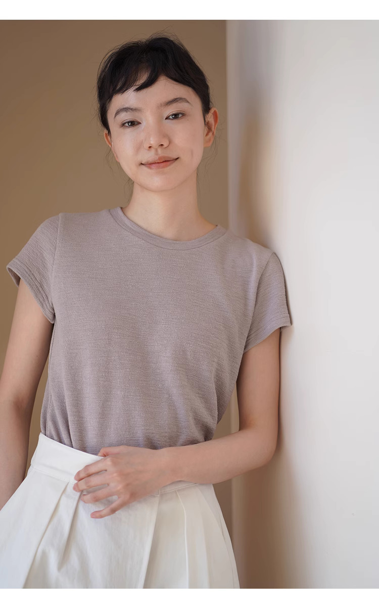 粉末交織肌理感特殊工藝圓領正肩短袖T恤顯白棉感上衣女