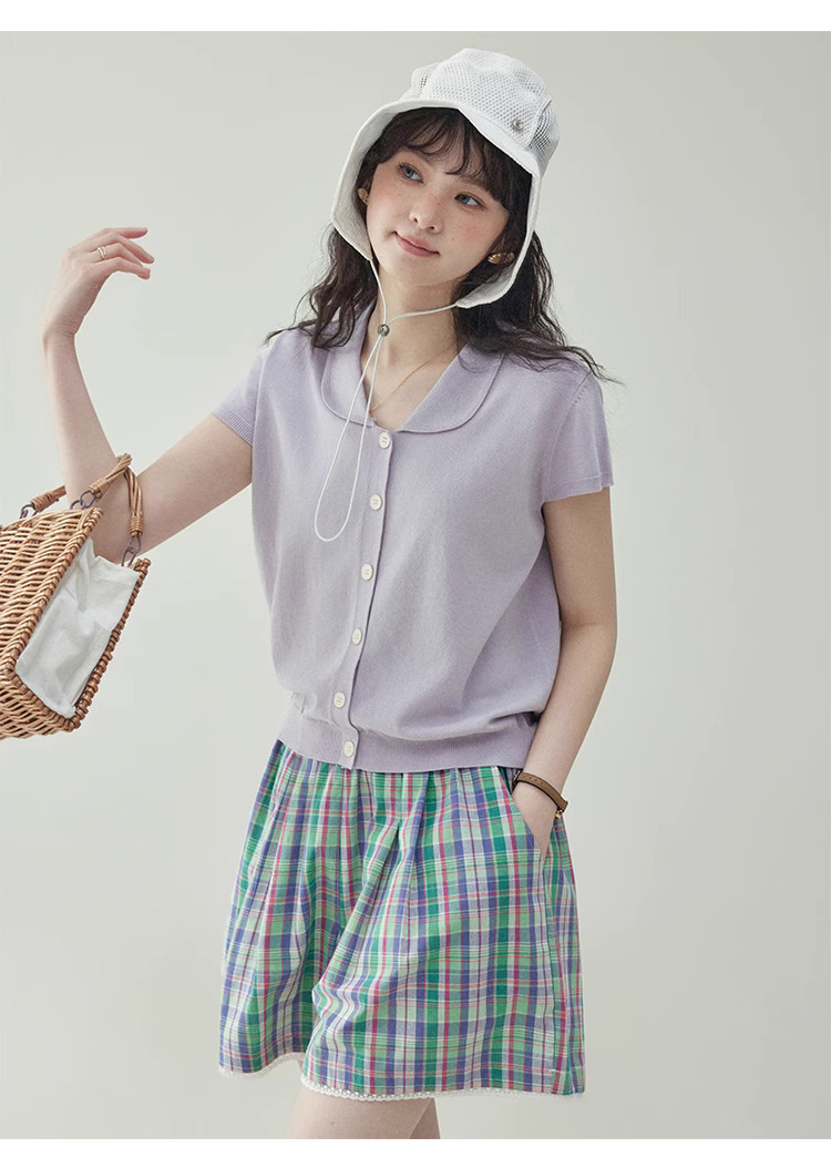 溫柔紫色娃娃v領針織衫女夏季新款短袖扣上衣