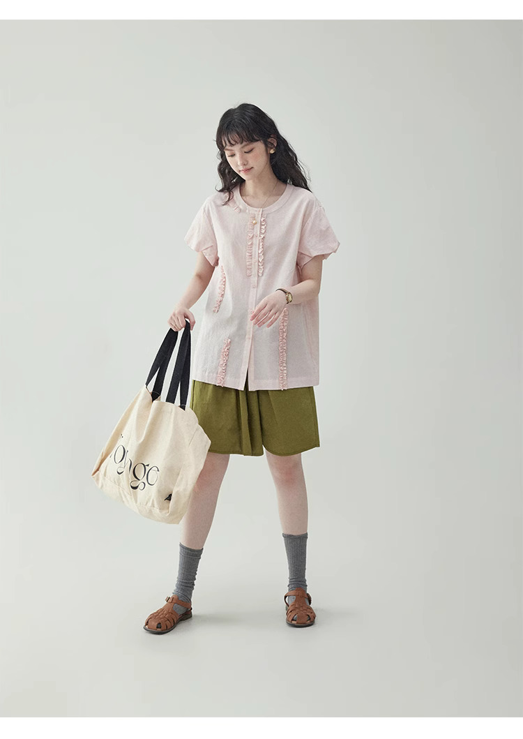 時尚拼接木耳邊純棉粉襯衫女夏季新花苞袖上衣