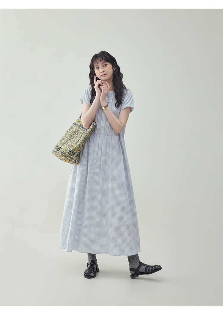 藍格紋花苞袖純棉洋裝女夏季新款寬鬆減齡長裙
