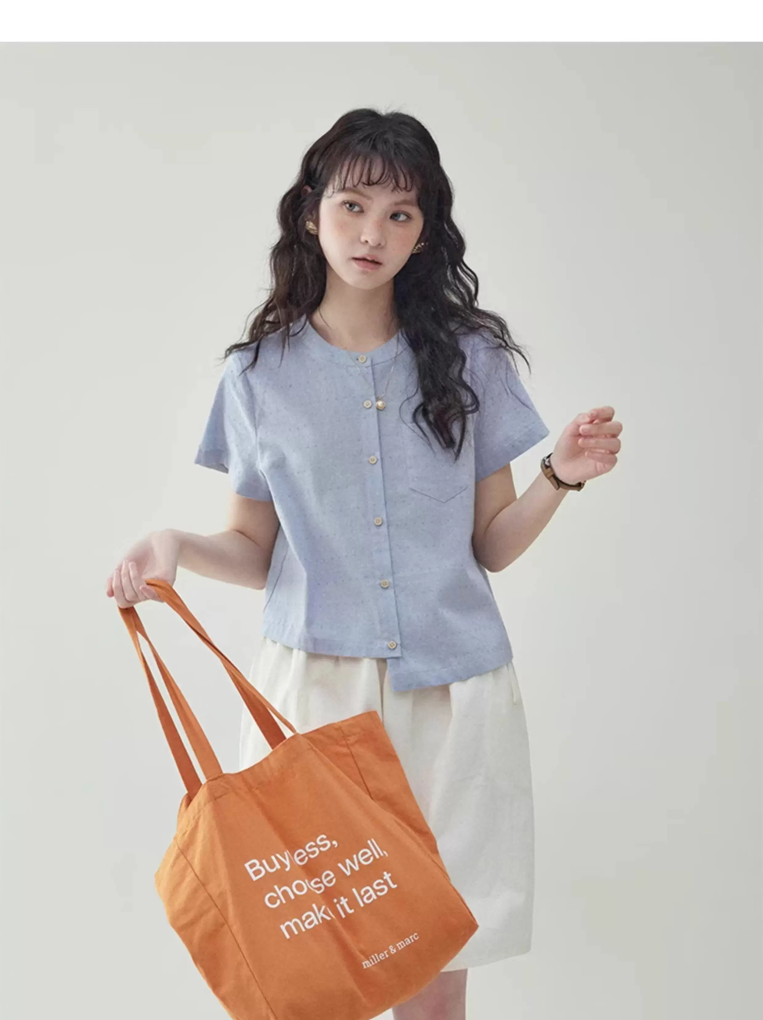 藍色不規則下擺純棉襯衫女夏季新款圓點短袖上衣