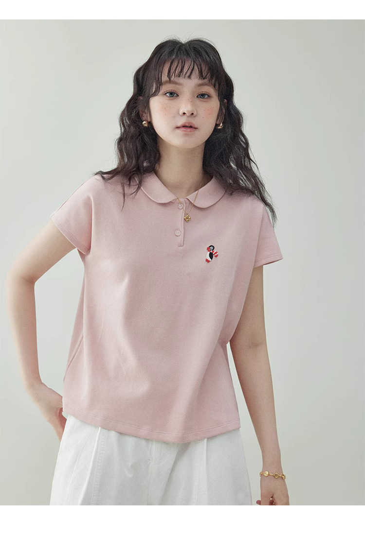 粉紅娃娃領企鵝刺繡T恤女夏季新款減齡短袖上衣