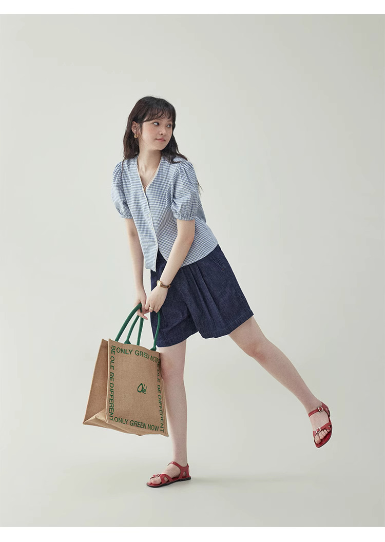 藍格泡泡袖短版純棉襯衫女夏季新款甜美寬鬆上衣
