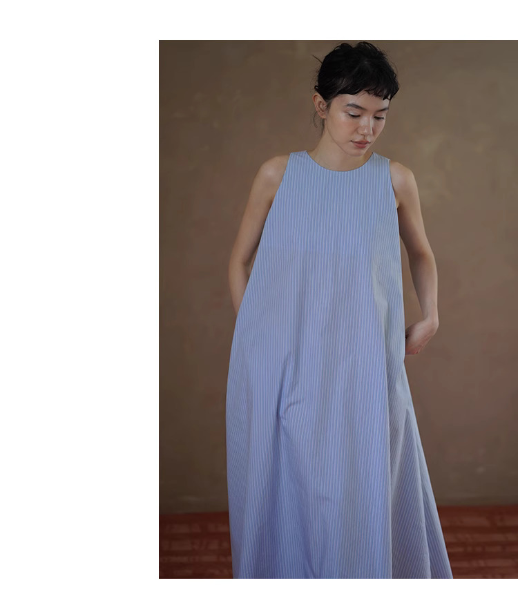 想去海邊法式條紋慵懶度假風圓領寬鬆無袖背心洋裝女