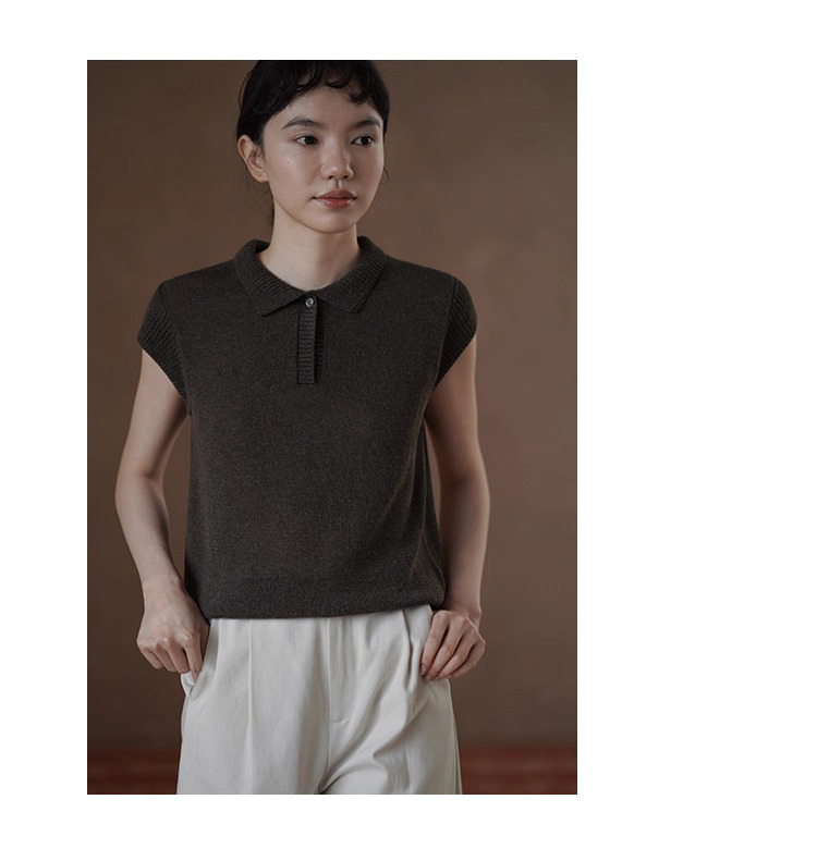 苔痕雨季透氣輕薄亞麻棉紗線Polo領針織顯瘦短袖上衣女