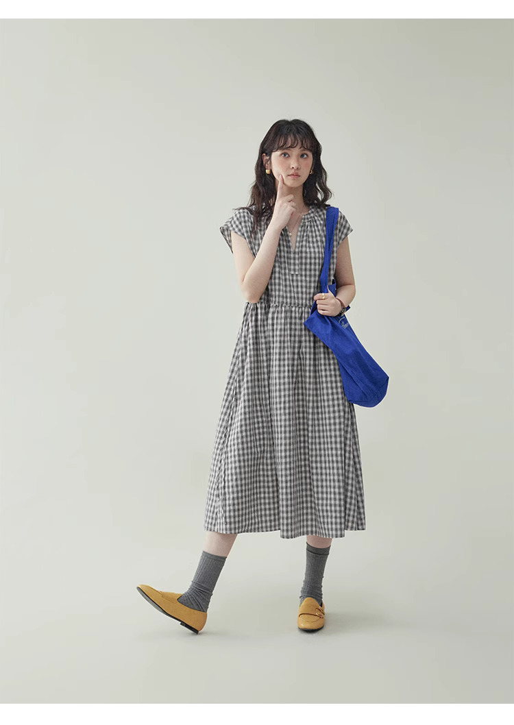 黑格抽繩v領純棉洋裝女夏季新款a字短袖中長裙