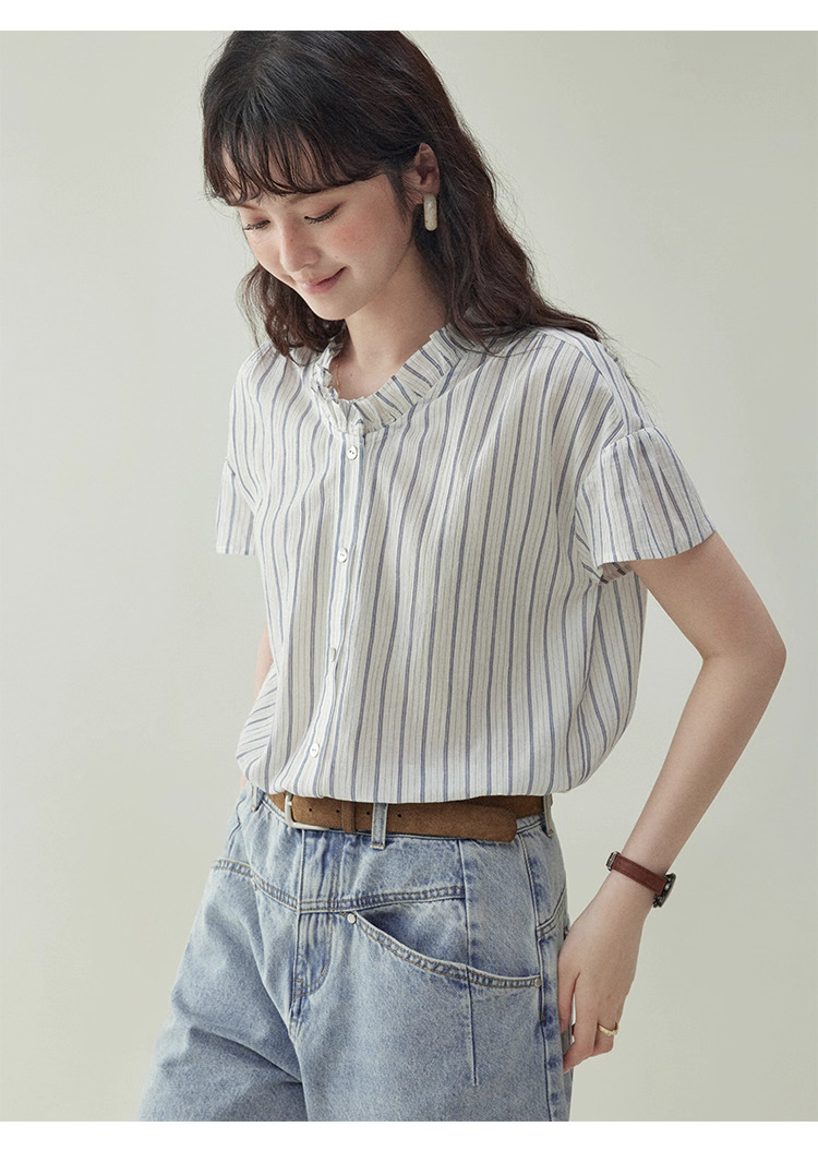 清爽豎紋花邊領短袖襯衫女夏季新款純棉寬鬆上衣