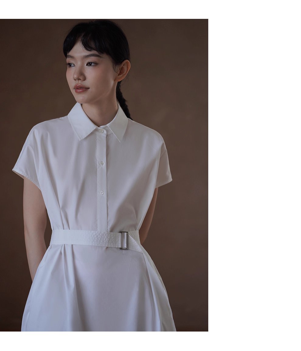 浮生一日清冷通勤洋裝寬鬆顯瘦腰帶半門襟長襯衫裙