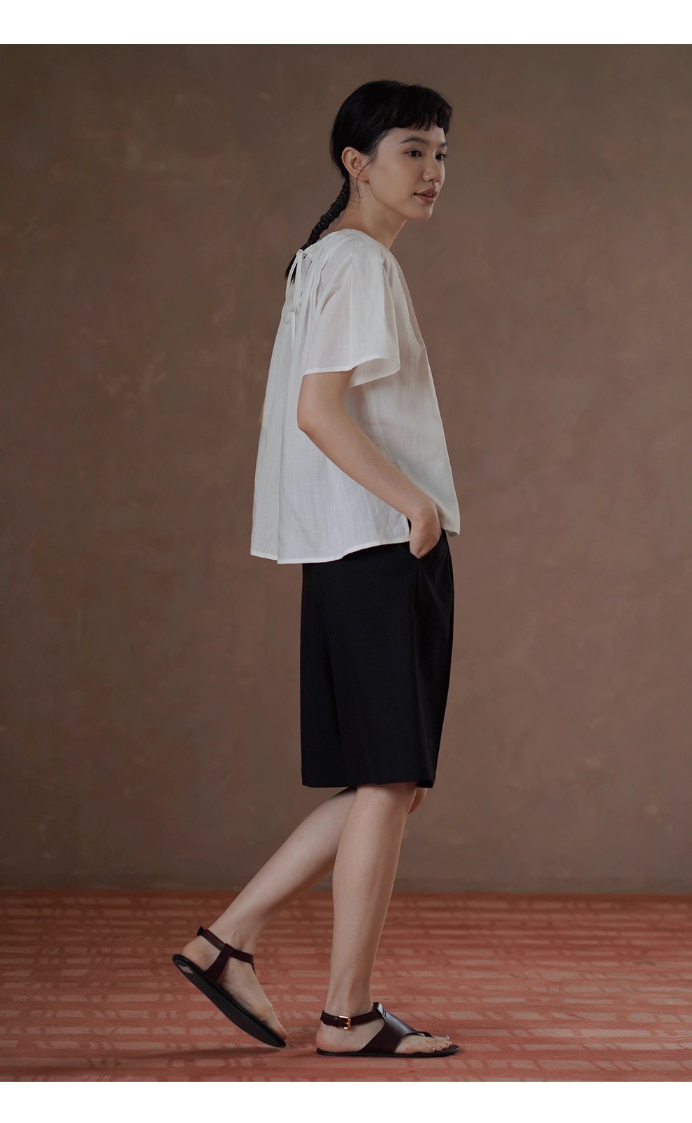 清香白檸檬上衣壓褶圓領A字顯瘦萊賽爾亞麻透氣通勤襯衫