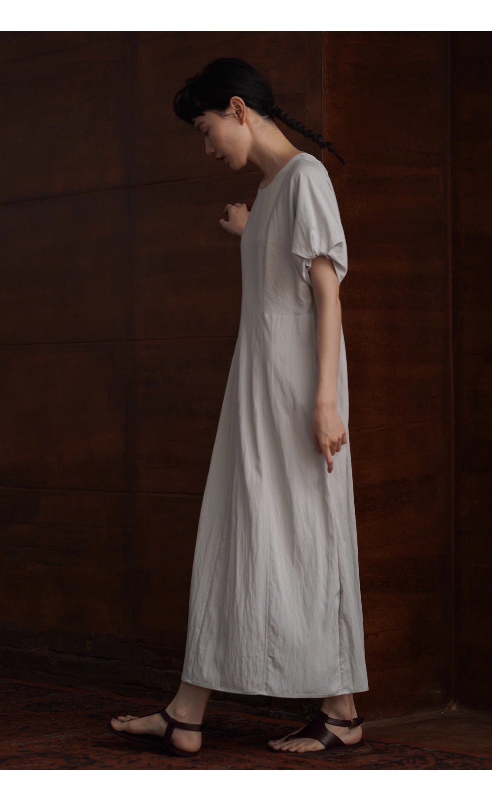 詩意菸沙淡人洋裝寬鬆短袖顯瘦分割圓領通勤垂感裙子