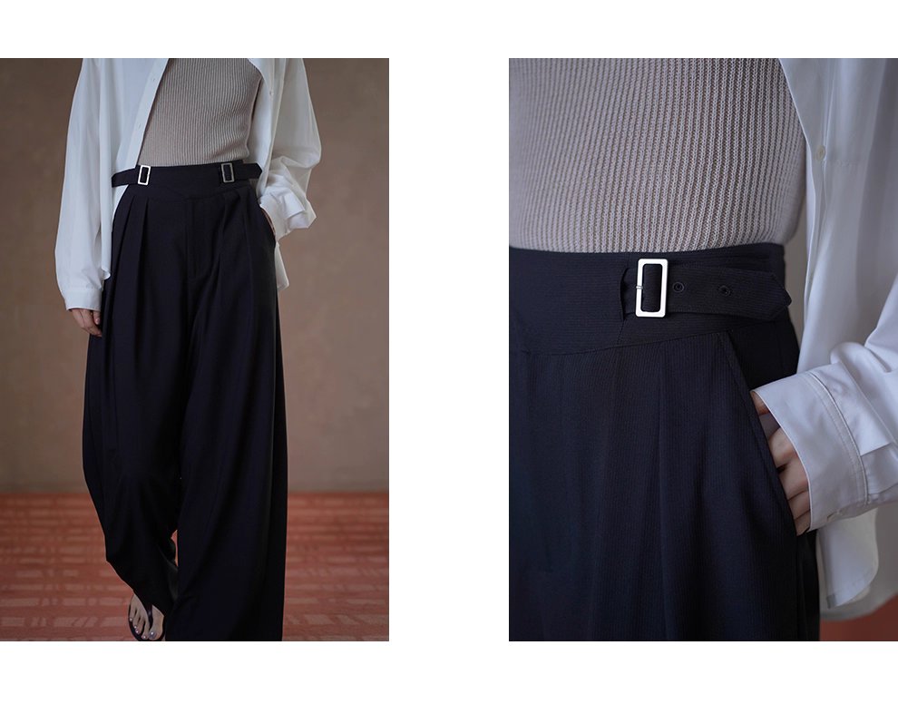 利落職場顯瘦高腰不對稱日字袢設計寬鬆顯瘦長褲女