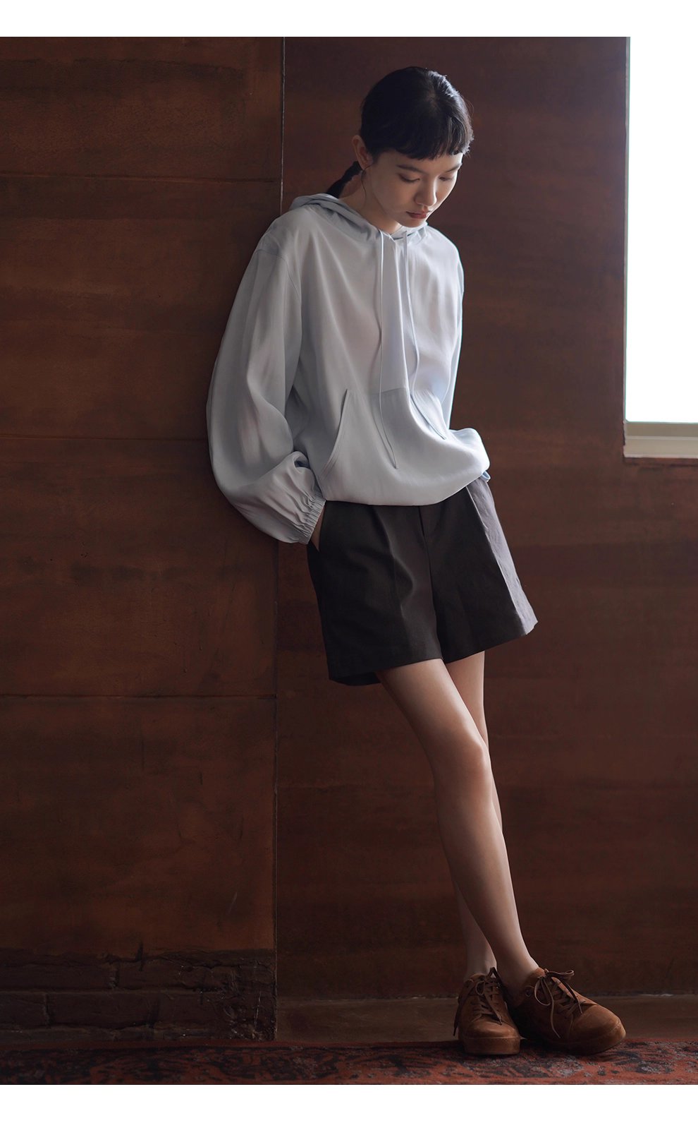 潤石晶藍清涼透氣連帽寬鬆顯瘦長袖休閒襯衫薄上衣女