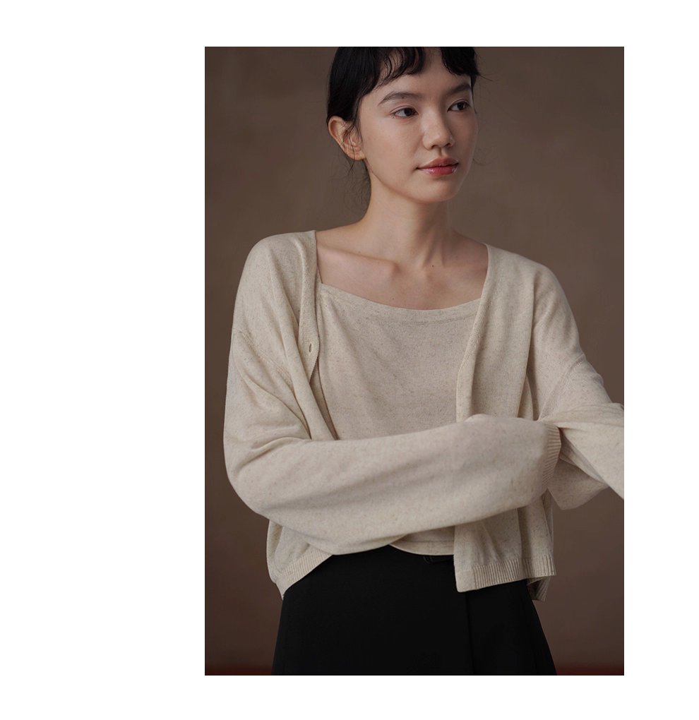 清新燕麥萊賽爾亞麻混紡背心開襟針織溫柔通勤兩件套女