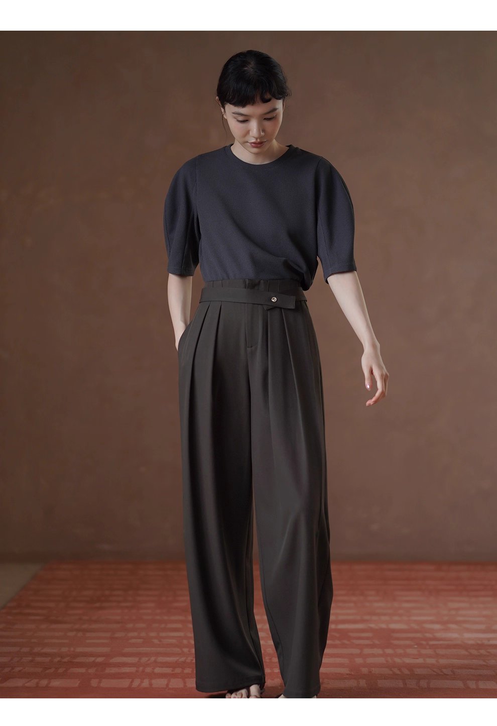 高品質色紡西裝布料可調式腰帶寬鬆垂順顯瘦闊腿長褲女
