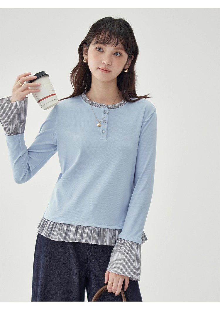 撞色拼接襯衫喇叭袖t卹女秋季新款寬鬆長袖上衣