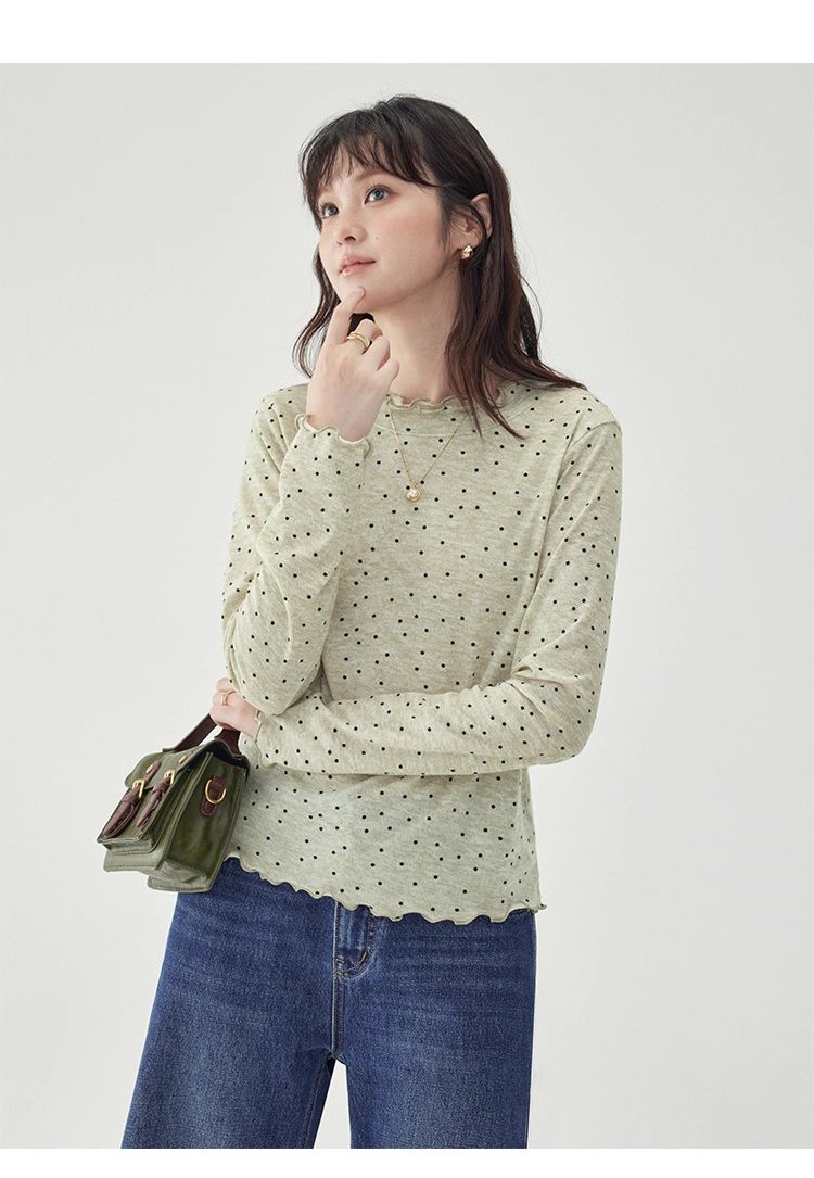 韓系密邊領波點長袖T恤女秋季新款內搭寬鬆上衣