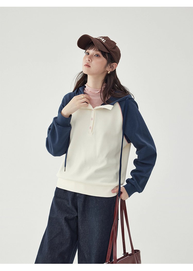 撞色插肩長袖連帽衛衣T恤女25秋季新款減齡上衣