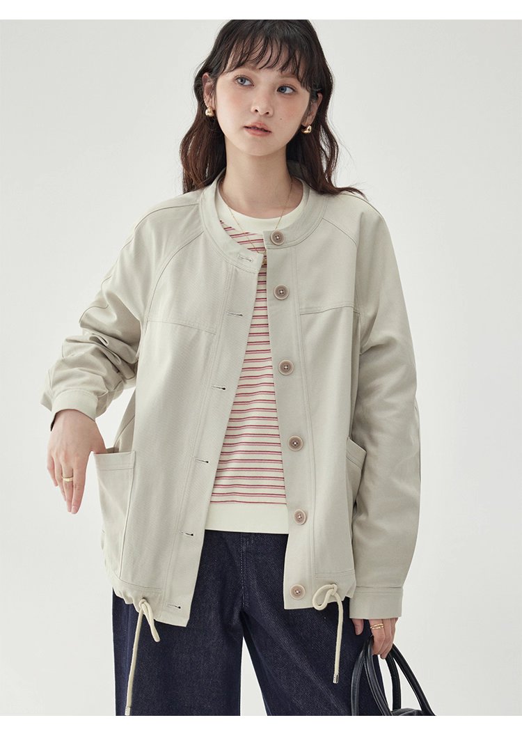 純色單排扣抽繩下擺外套女秋季新款圓領長袖上衣